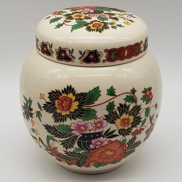 Sadler England Vintage Hand Painted Ceramic Indian Peony Lidded Ginger Jar - Picture 3 of 15